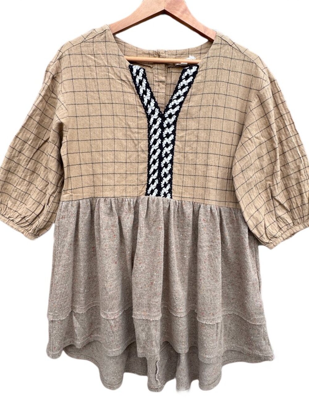Oddy Babydoll Tunic Top Brown Textured Neutral Relaxed Fit Boho  Womens Small